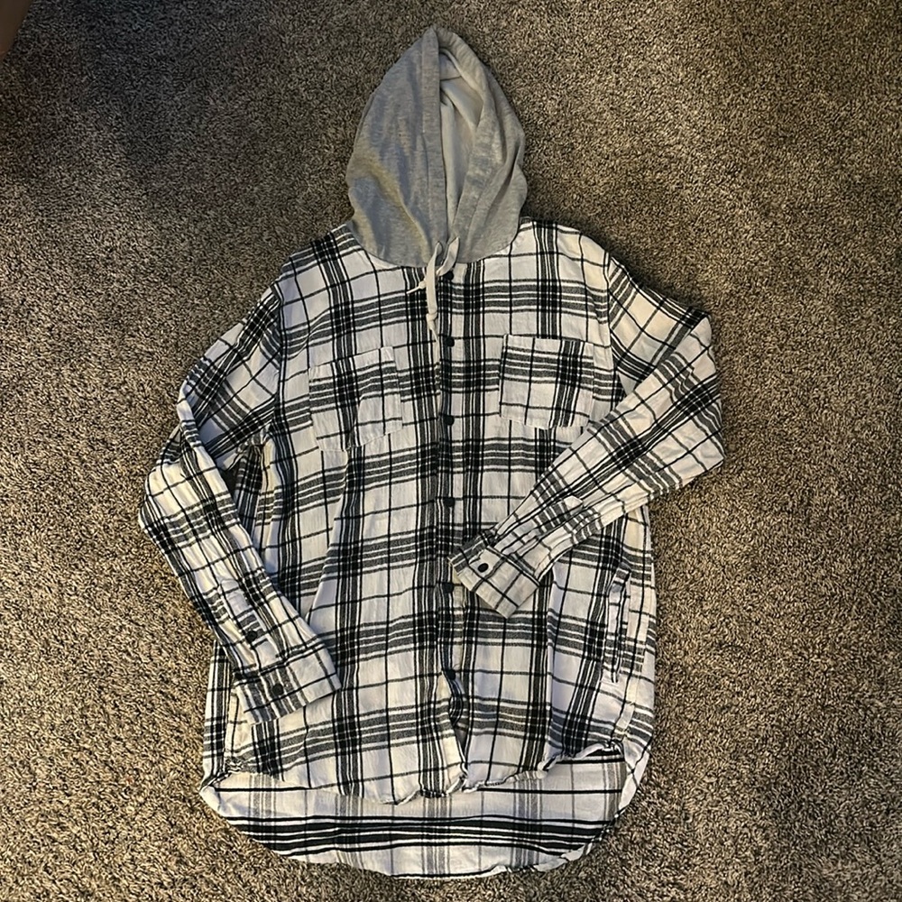 Hooded Plaid Button Up Shirt
